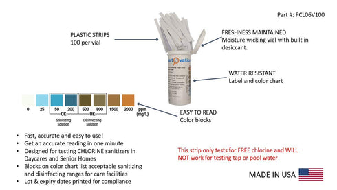 100 PK Plastic Active Chlorine Bleach Test Strip, High Level Up to 2000ppm for Sanitizers and Disinfectants Designed for DAYCARES & Senior Homes...