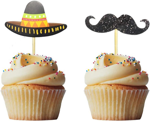 Morndew 24 PCS Sombrero Mustache Cupcake Toppers Insert Picks Decorations for Mexican Fiesta Themed Party Birthday Party Baby Shower Wedding Party...