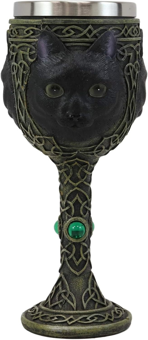 Ebros Wicca Mystical Witching Hour Black Cat Wine Goblet 7oz Feline Cats Celtic Wine Knotwork Beverage Chalice Goblet Cup With Green Gems...