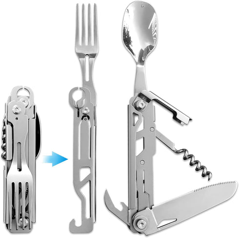 6-in-1 Detachable Camping Utensils Flatware Set - Multi-Function Travel Pocket Cutlery Folding Spoon, Fork, Knife, Wine Bottle Opener Can Opener P...