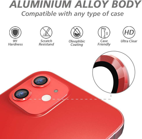 CloudValley ?2 Pack for iphone 12/12 Mini / 11 Camera Lens Protector, Ultra-HD Tempered Glass Cover, Aluminum Alloy Screen Cover, Red, with Cleani...