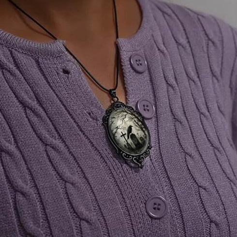 Raven Cross Glass Pendant, Vintage Gothic Cameo Necklace, Mystic Witch Jewelry Gift...