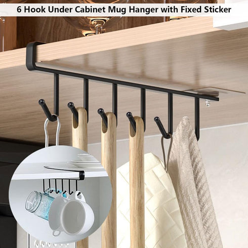 2 Pack Storage Mug Hooks Rack Under Cabinet Each with Fixed Sticker, 6 Hooks Cup Holder Hanger, Ties Belts Scarf Hanging Hook Rack, Mug Hook Hange...