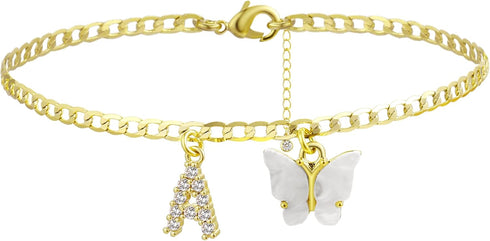 VIROMY 14K Gold Plated Dainty Butterfly Initial Ankle Bracelets Handmade Cuban Chain White Butterfly A-Z Alphabet Letter Initial Anklets Personali...