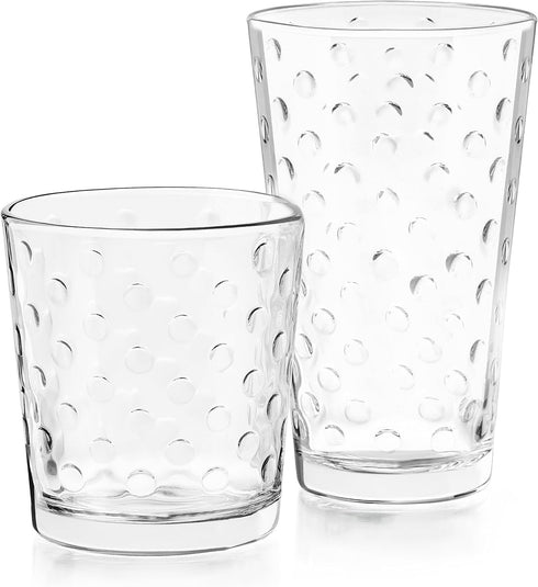 Libbey Awa Tumbler and Rock Glasses Drinking Set, Elegant Polka Dot Drinking Glasses Set of 16, All Purpose Glass Cups Set for Events and Everyday...