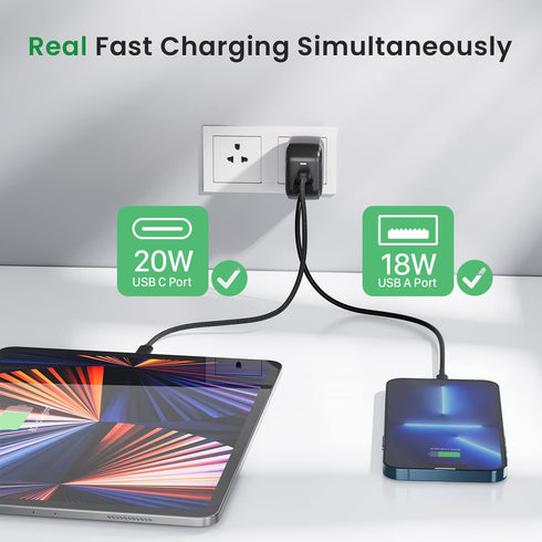 INVZI GaNHub 38W USB C GaN Charger, 30W PD 2 Ports Wall Charger with Foldable Plug for 15/15 Pro/15 Plus/15 Pro Max/14/13/12, Pixel, Galaxy S24/S2...