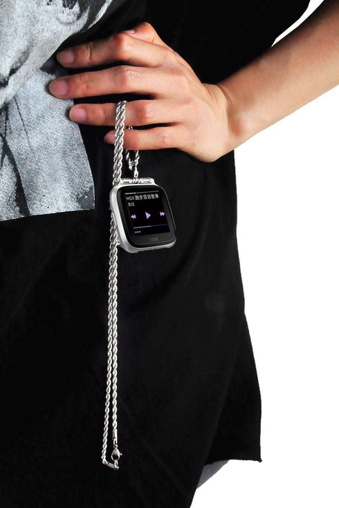 Stainless Steel Chain Necklace Smartwatch Band Compatible with Fitbit Versa 1/2/Lite Newest Polished Silver Metal Twisted Chain Strap Rope Neckban...