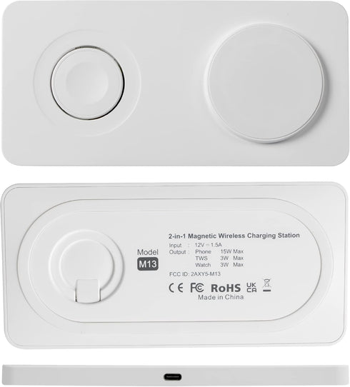 M13 2 in 1 Magnetic Wireless Charging Station,Qi Certified Charging Pad, Ultra Thin with QC3.0 Adapter for Dual Devices iPhone 14 13 Pro Max/Apple...