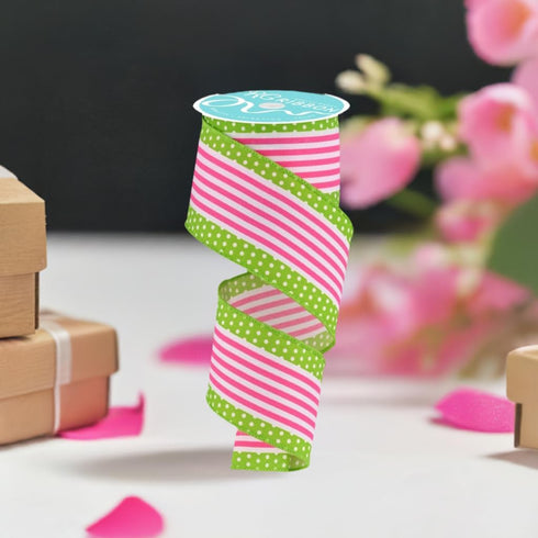 Vertical Stripe & Polka Dot Edge Wired Edge Ribbon - 2.5" x 10 Yards (White, Hot Pink, Lime Green)...