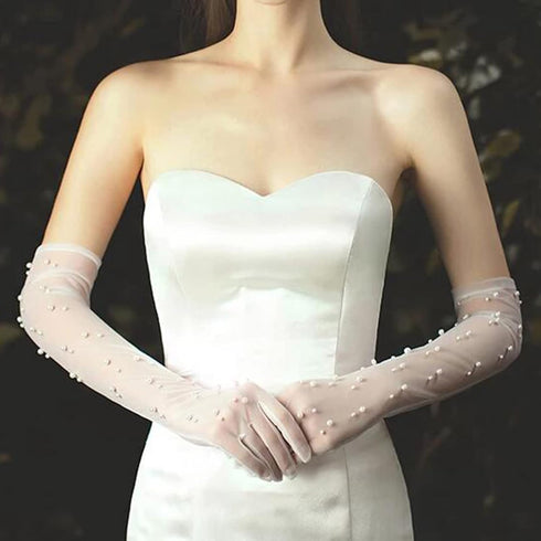 Pearl Women’s Wedding Gloves Long Tulle White Finger Lace 20s Opera Evening Party Sheer Gloves for Brides...