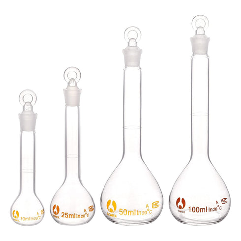OLYCRAFT 4pcs Volumetric Flask 10ml/25ml/50ml/100ml Volumetric Flask Set with Glass Cap Durability & Chemical Resistance Glass Bottle for Laborato...
