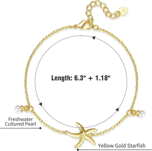 18K Gold Ankle Bracelet for Women: Starfish Ankle Chain with Pearl - Summer Beach Anklet...