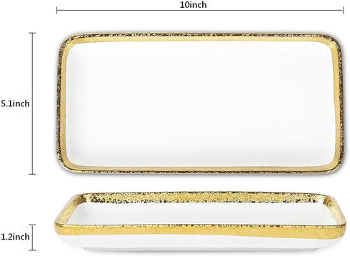10 * 5" Granite Texture Fine Porcelain White Tray with Golden Edge,Decorative Vanity Tray for bathroom. for Jewelry storage, Ring & Key Holder, Ba...
