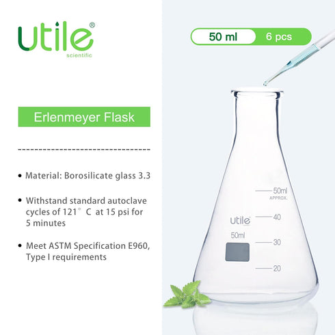 Utile Glass Erlenmeyer Flask Set, 50ml Narrow Mouth Erlenmeyer Flasks, 6pcs of Borosilicate 3.3 Glass Conical Flasks for Laboratory with Printed G...