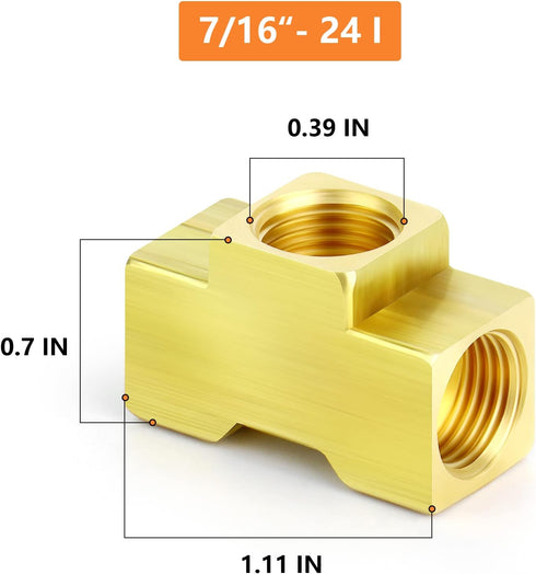 GASHER 2PCS Brass Brake Line Tee Fittings 7/16"-24 Threads Inverted Flare Female Union for Fuel/AIR/Lquid/Gas...