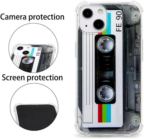 Case for iPhone 13 Matte Finish Heavy Duty Soft Back Cover with Reinforced Corners TPU Soft Bumper Retro Cassette Tape Case Compatible with iPhone...