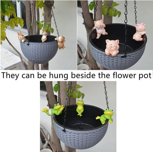 Ebrima Set of 3 Cute Animal Figurines Planter Pot Hanger Decorations, Resin Hanging Climbing Pig Sculpture Outdoor Statues Ornaments for Flower Po...