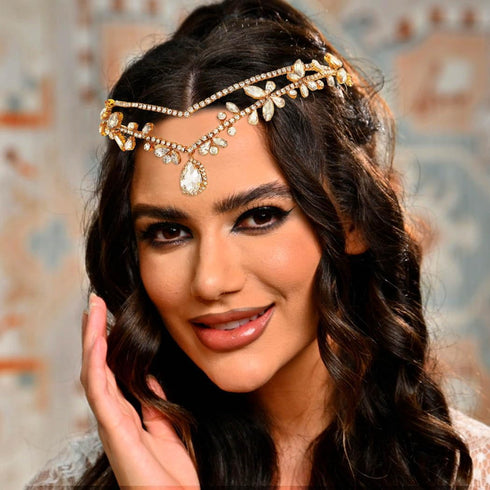 CLOACE Rhinestone Headband Gold Leave Pendant Headpiece Bride Wedding Crystal Hair Accessories for Women and Adult...