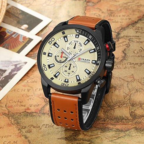 CURREN Men's Sports Waterproof Leather Strap Wrist Watch 8250 (yellow)...
