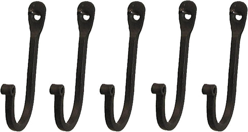 Early American Single Prong Wrought Iron Hooks, Set of 5 - Rustic Curved Metal Fasteners - Decorative Colonial Wall Décor...