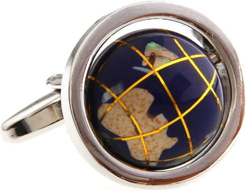 Globe Map Earth Really Spins Pair Cufflinks in a Presentation Gift Box & Polishing Cloth...