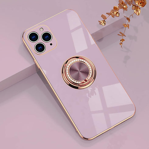 Case for iPhone 11 Pro Max Ring Holder Case with Diamond Shiny Plating Rose Gold Edge Built-in 360 Rotation Magnetic Kickstand for Women Girls Sli...