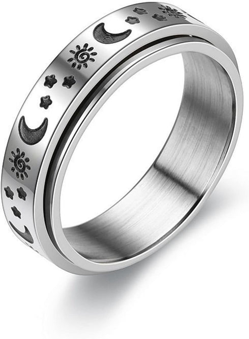 COLORFUL BLING 4 Piece Stainless Steel Spinner Band Ring Set Hypoallergenic Relieving Stress Moon Star Heart Sand Blast Finish Wedding Ring...