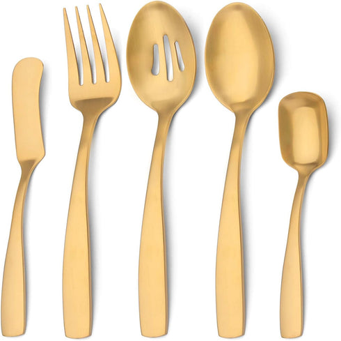 Serving Utensils Set, Matte Gold 5-Piece Hostess Set, Stainless Steel Silverware Flatware Cutlery Serving Set, Satin Finish, Dishwasher Safe...