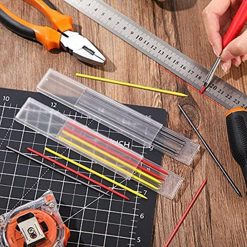 Hiboom 2 Pack Solid Carpenter Pencil with 14 Refill, Long Nosed Deep Hole Mechanical Pencil Marker with Built-in Sharpener for Carpenter Woodworki...