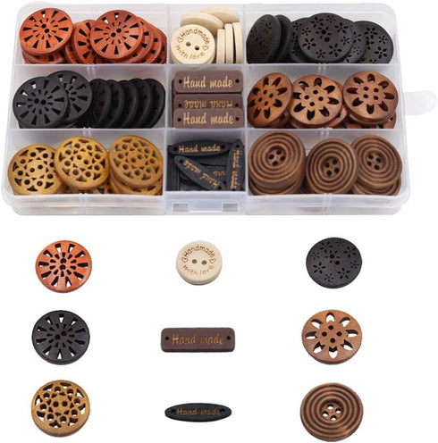 100 Pack Assorted Wood Wooden Buttons Black Brown Beige 4 Hole Mixed Sewing Art DIY Craft Supplies Kits with Box...