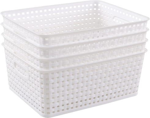 Gloreen White Plastic Basket, 8 Quart Weave Storage Baskets, 4 Packs...