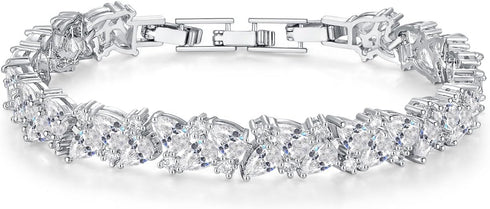 Hadskiss Wedding Tennis Bracelet for Brides Bridesmaid, White Gold Plated Marquise Cubic Zirconia Prom Jewelry, Silver Bracelet Wedding Party Jewe...