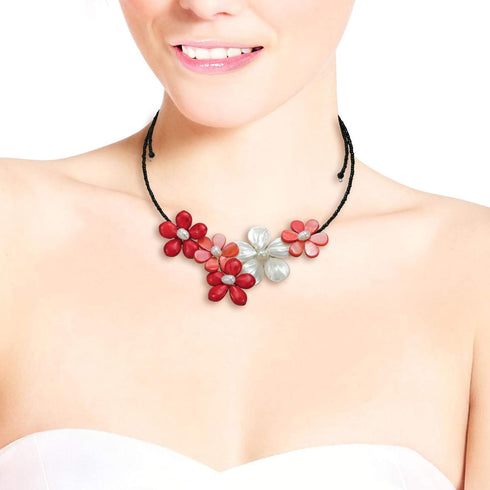 AeraVida Bold Bouquet of Reconstructed Red Coral and Shell Sakura Floral Choker Wrap Necklace...