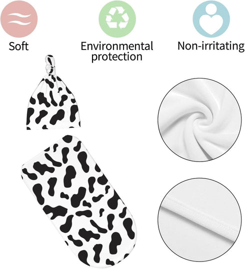 Cow Print Baby Stuff,Cow Print Newborn Swaddle Blankets Beanie Hat Sets Soft and Stretchy Baby Receiving Blanket Swaddle Sack for Baby Shower Infa...