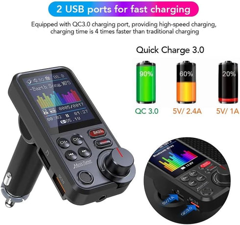 FM Bluetooth Transmitter for Car, Strong Microphone Bluetooth Car Adapter with 1.8" Color Screen for Hands Free Calls, Supports QC3.0 Charging, Tr...