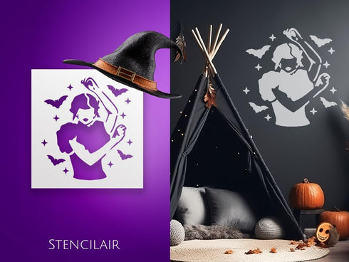 Halloween Stencil Kit - 8 Pack Wall Decals, Reusable Stencils, Wooden Crafts, Rock Painting, DIY Decor for Home & Party, Girl, bat, Halloween Insp...