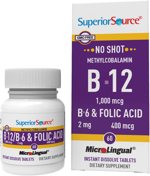 Superior Source No Shot Vitamin B12 Methylcobalamin (1000 mcg), B6, Folic Acid, Quick Dissolve MicroLingual Tablets, 60 Ct, Increase Energy, Healt...