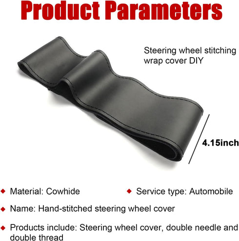 Leather Steering Wheel Cover, Stitch On Wrap, Breathable Anti-Slip Car Steering Wheel Protector for Max Diameter 15'', DIY Sewing with Needle Thre...