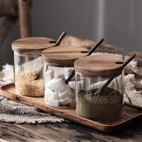 Hovico Condiment Container Seasoning Box Set, with Wooden Spoon Lid and Base, Salt Sugar Spice Pepper Condiment Container Jar Set of 3...