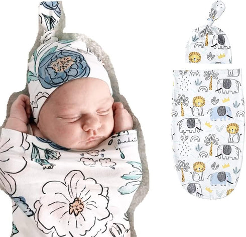 Baby Cocoon Swaddle Blanket Newborn Girl Swaddle and Headband Set Purple Soft Stretchy Flowers Floral Print Wrap Shower Gift (Animal)...