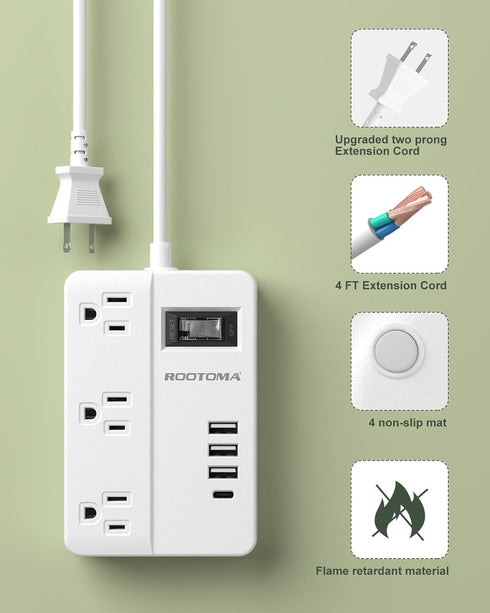 2 Prong Power Strip with USB-C, ROOTOMA 2 Prong to 3 Prong Outlet Adapter, 1080J 2 Prong Surge Protected with 3 Outlet & 4 USB, 3 Prong Adapter 4f...