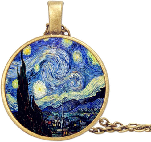 Painting Glass Pendant Necklace Gold Silver Plated Vintage Charm Starry Night Artistic Paint Round Circle Geometric Chain Necklace for Women Men I...