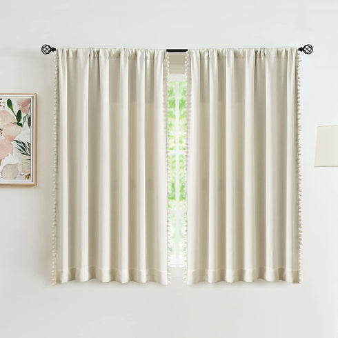 Treatmentex Pompom Window Curtain Panels Natural 45" Long Small Window Curtain Ivory Curtain Drapes for Basement Laundry Room Darkening Curtains 2...