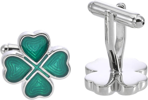 Green Four Leaf Clover Cufflinks for Men Lady In Gift Case Silver Good Luck Men's Cufflinks Jewelry Set for Wedding Party Anniversary Business Eve...