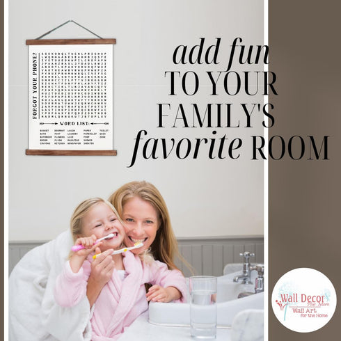 Black Wood & Canvas Wall Hanging Bathroom Word Search Forgot Phone Wall Art Small 12x14.5-Inch...