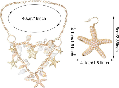 Honbay 1PCS Fashion Starfish Shell Conch Faux Pearl Choker Necklace Statement Chunky Necklace and 1 Pair of Starfish Dangle Drop Earrings with Pea...
