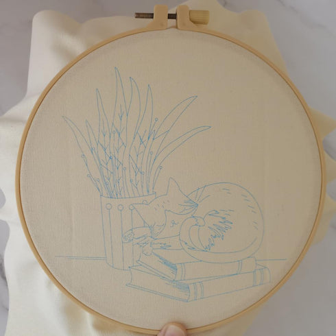 Esffaci Embroidery Starter Kit for Adult Beginner with Sleepy Cat Plant Books Pattern Stamped Cross Stitch Set with Embroidery Cloth Hoop Needle T...
