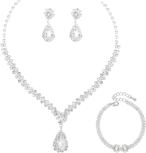 Bride Crystal Necklace Earrings Bracelets Set Bridal Wedding Jewelry Sets Bride Bridesmaid Prom Costume Jewelry Set for Women...