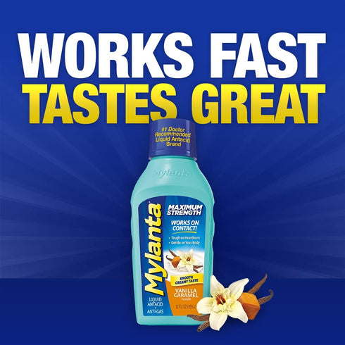 Mylanta Antacid and Gas Relief, Maximum Strength Formula, Vanilla Caramel Flavor, 12 Fluid Ounce...