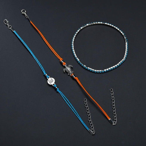 3 Pcs Multilayer Blue Beads Turtle Anklets for Women Men Foot Boho Handmade Adjustable Anklets...